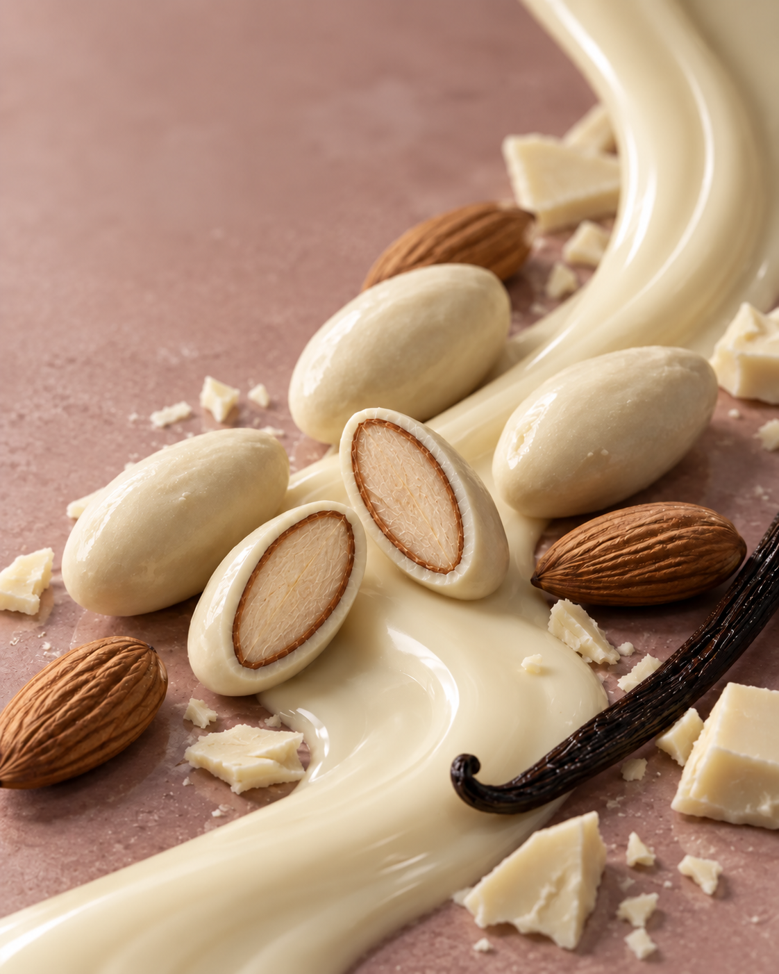 Blanc white chocolate covered roasted almonds, two cut open to show the thin coating and roasted almond center